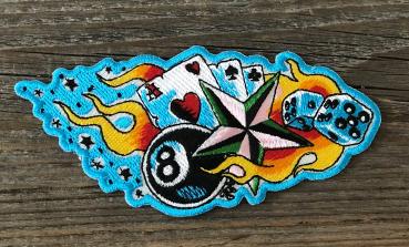 8 Ball mit Nautic Stern, Flammen, Jasskarten und Würfeln