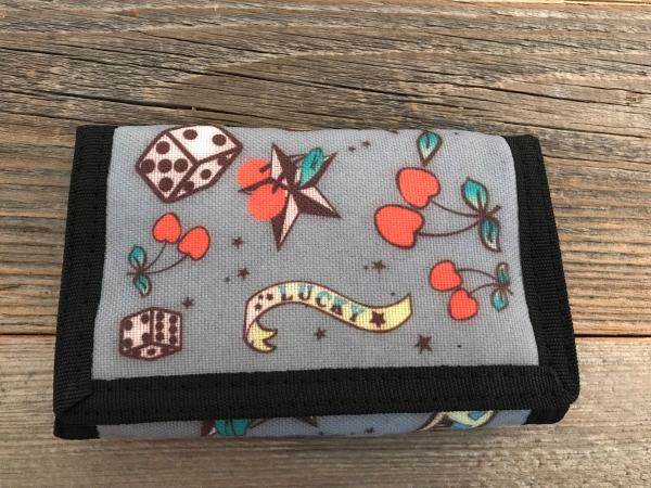 Stoffgeldbeutel grau mit Würfel