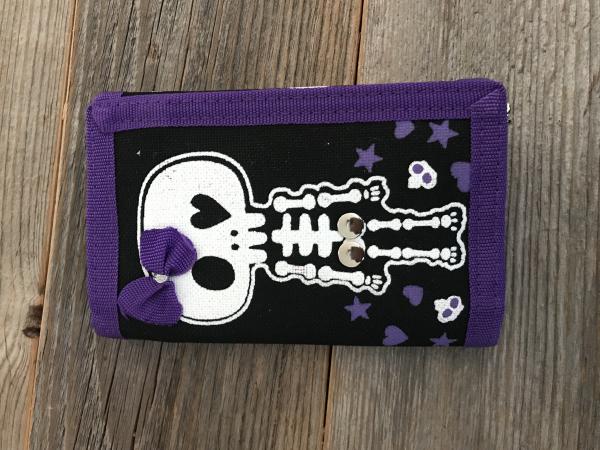Stoffgeldbeutel Skelett schwarz/violett/weiss mit Mäschlein